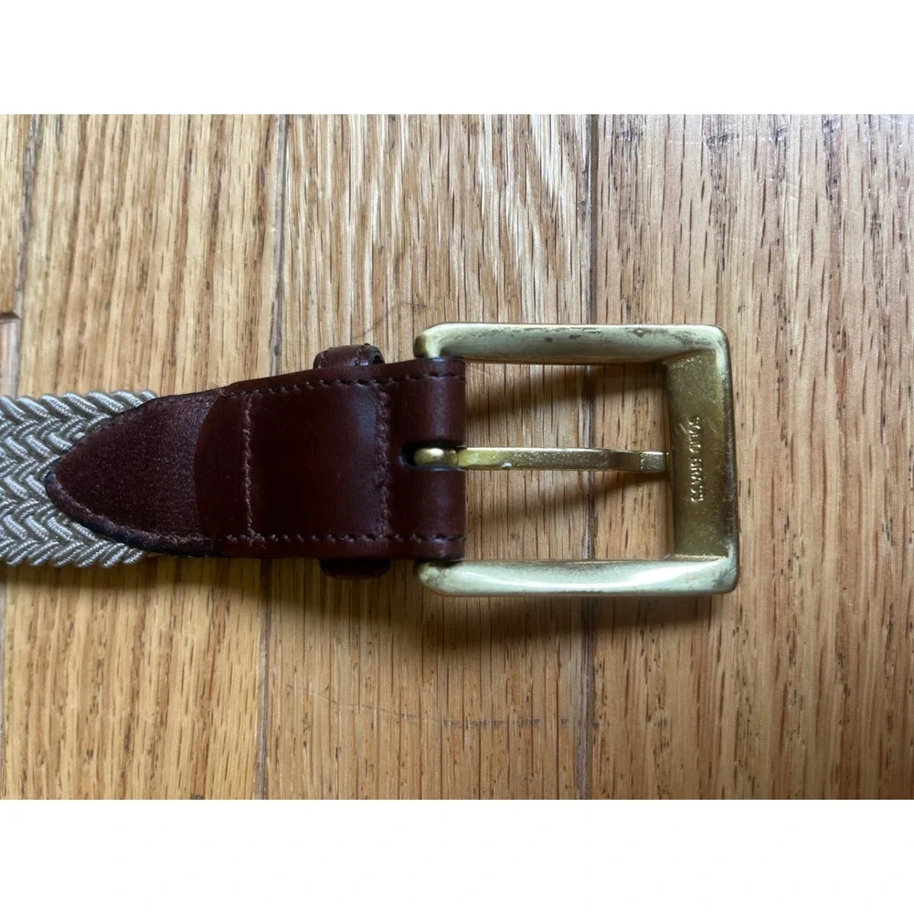 Mens Woven Stretch Belt Brown Leather Solid Brass Buckle Herringbone Braided S‎